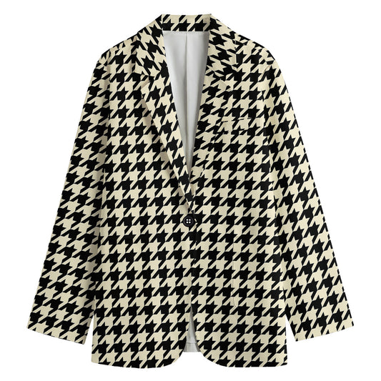 Tan And Black Houndstooth Pattern Print Women's Cotton Blazer