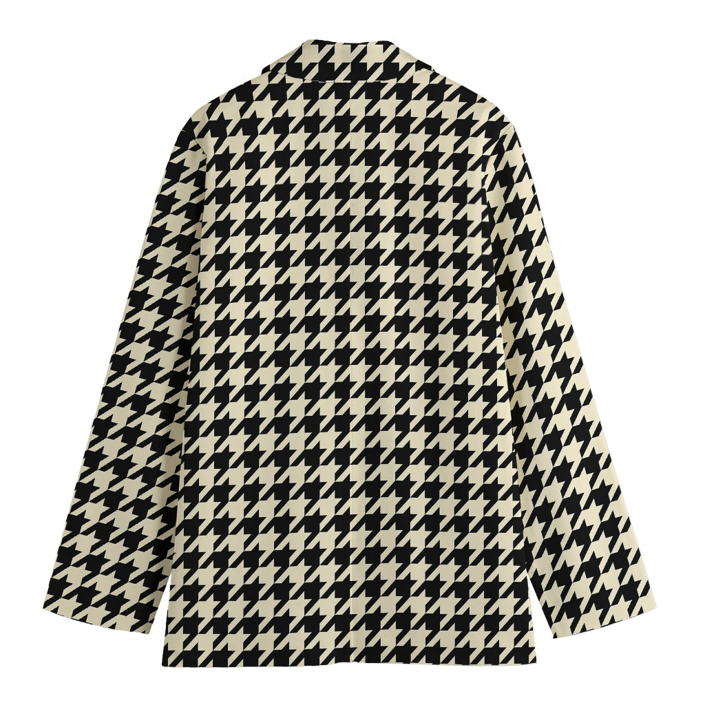 Tan And Black Houndstooth Pattern Print Women's Cotton Blazer