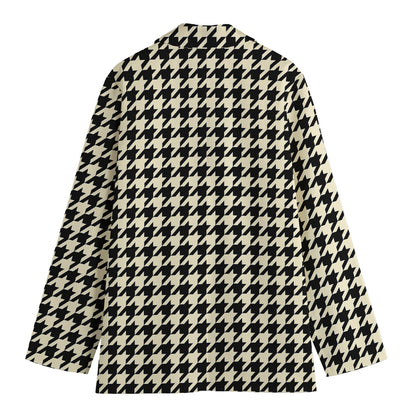 Tan And Black Houndstooth Pattern Print Women's Cotton Blazer