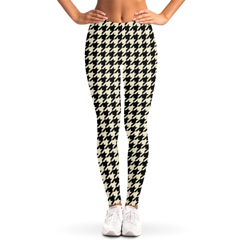 Tan And Black Houndstooth Pattern Print Women's Leggings