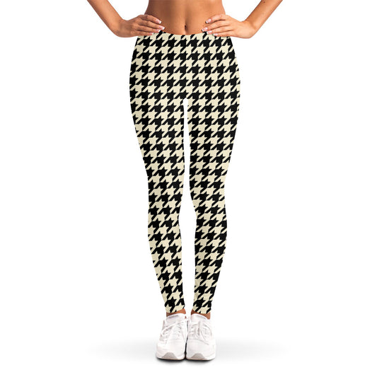 Tan And Black Houndstooth Pattern Print Women's Leggings