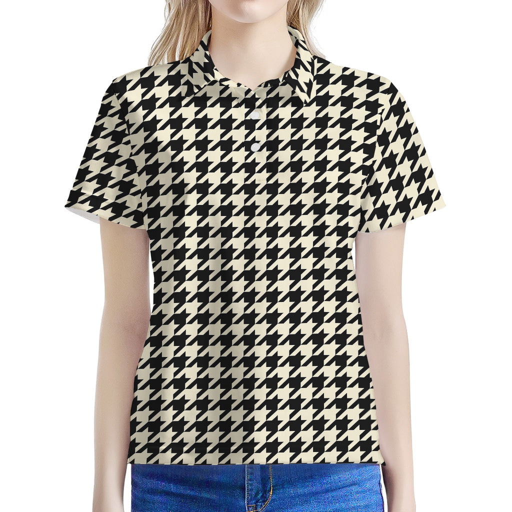 Tan And Black Houndstooth Pattern Print Women's Polo Shirt