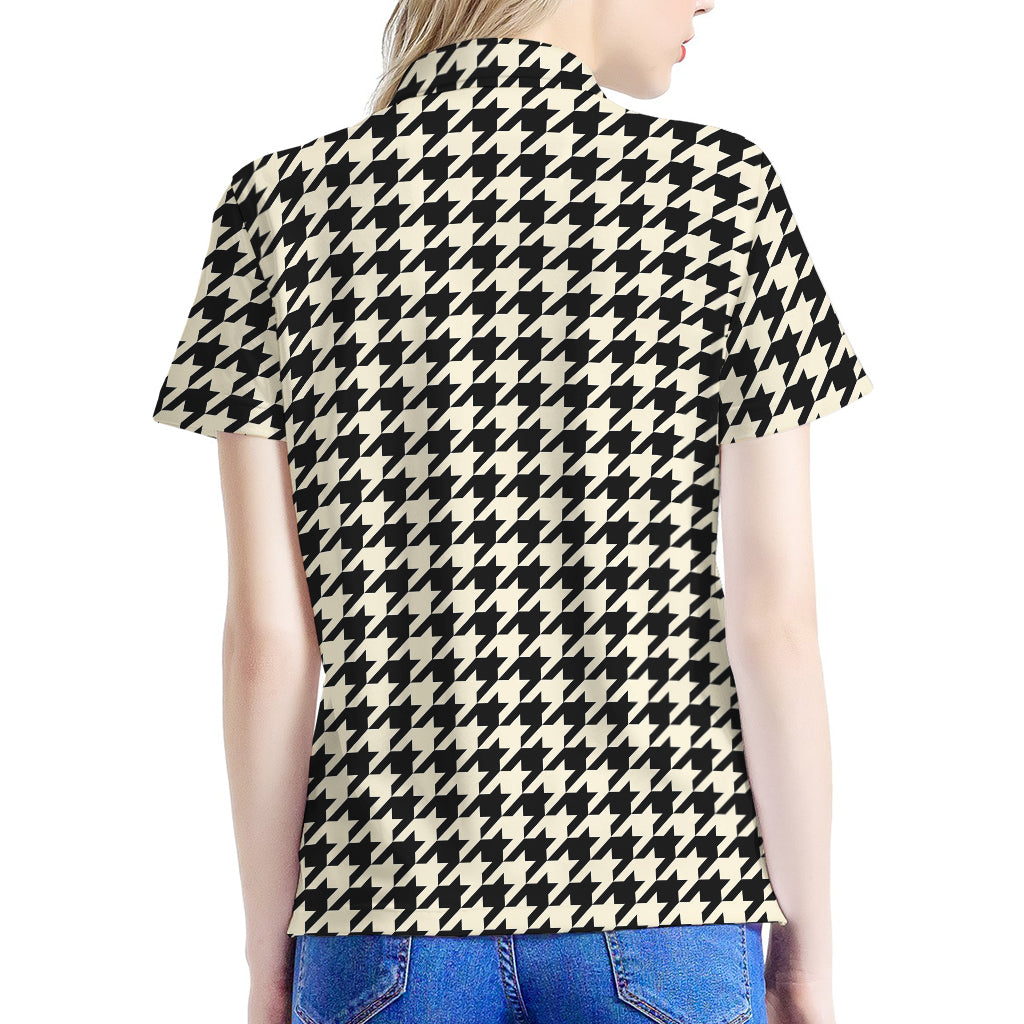 Tan And Black Houndstooth Pattern Print Women's Polo Shirt
