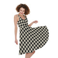 Tan And Black Houndstooth Pattern Print Sleeveless Knee Length Dress