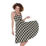 Tan And Black Houndstooth Pattern Print Women's Sleeveless Dress