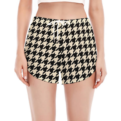 Tan And Black Houndstooth Pattern Print Women's Split Running Shorts