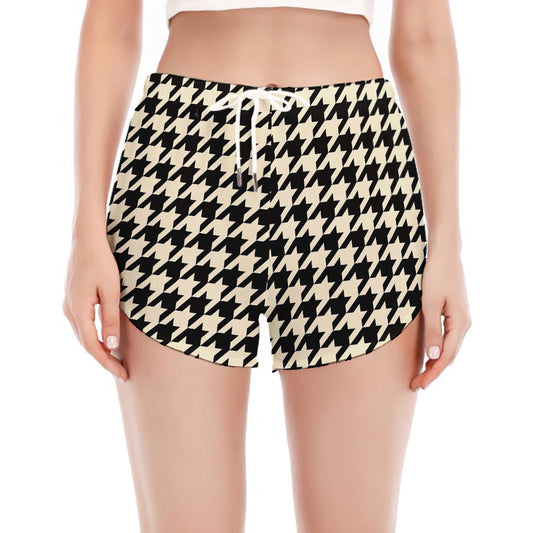 Tan And Black Houndstooth Pattern Print Women's Split Running Shorts