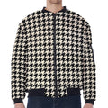 Tan And Black Houndstooth Pattern Print Zip Sleeve Bomber Jacket