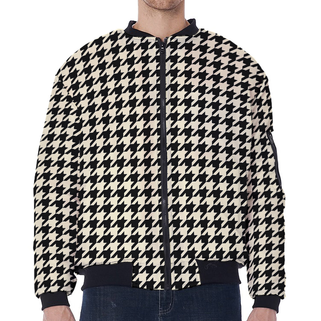Tan And Black Houndstooth Pattern Print Zip Sleeve Bomber Jacket