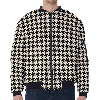 Tan And Black Houndstooth Pattern Print Zip Sleeve Bomber Jacket