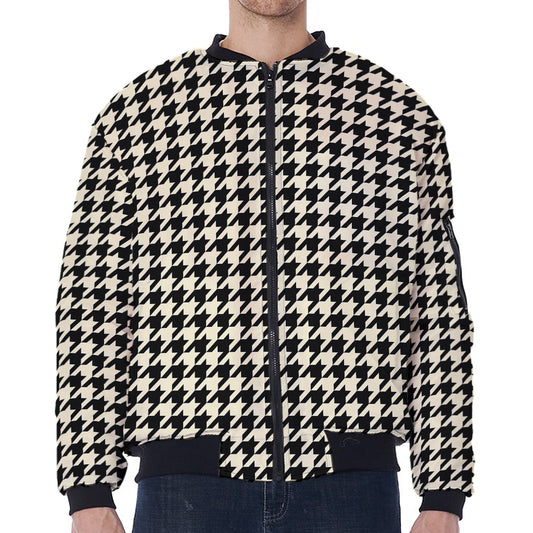 Tan And Black Houndstooth Pattern Print Zip Sleeve Bomber Jacket