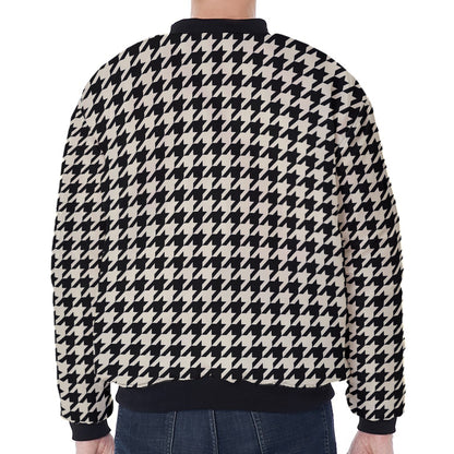 Tan And Black Houndstooth Pattern Print Zip Sleeve Bomber Jacket