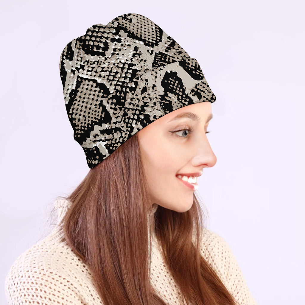 Tan And Black Snakeskin Print Beanie