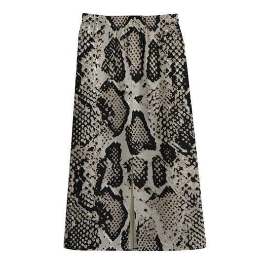 Tan And Black Snakeskin Print Cotton Front Slit Maxi Skirt