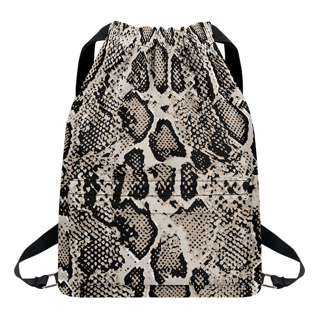 Tan And Black Snakeskin Print Drawstring Backpack