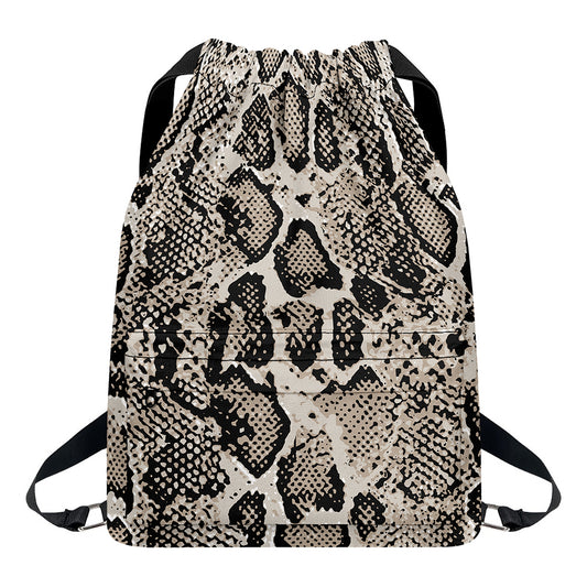 Tan And Black Snakeskin Print Drawstring Backpack