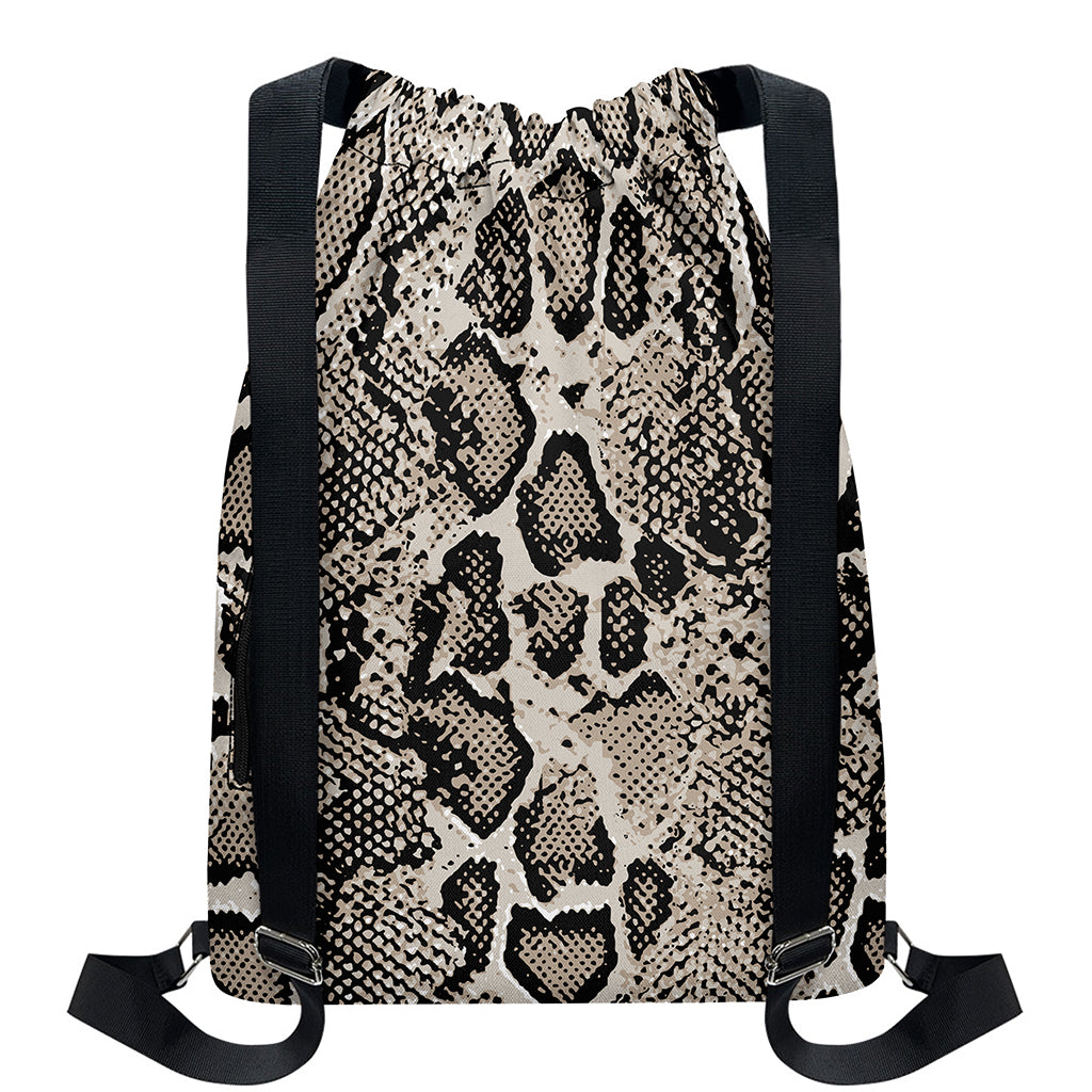 Tan And Black Snakeskin Print Drawstring Backpack