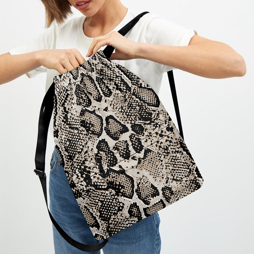 Tan And Black Snakeskin Print Drawstring Backpack