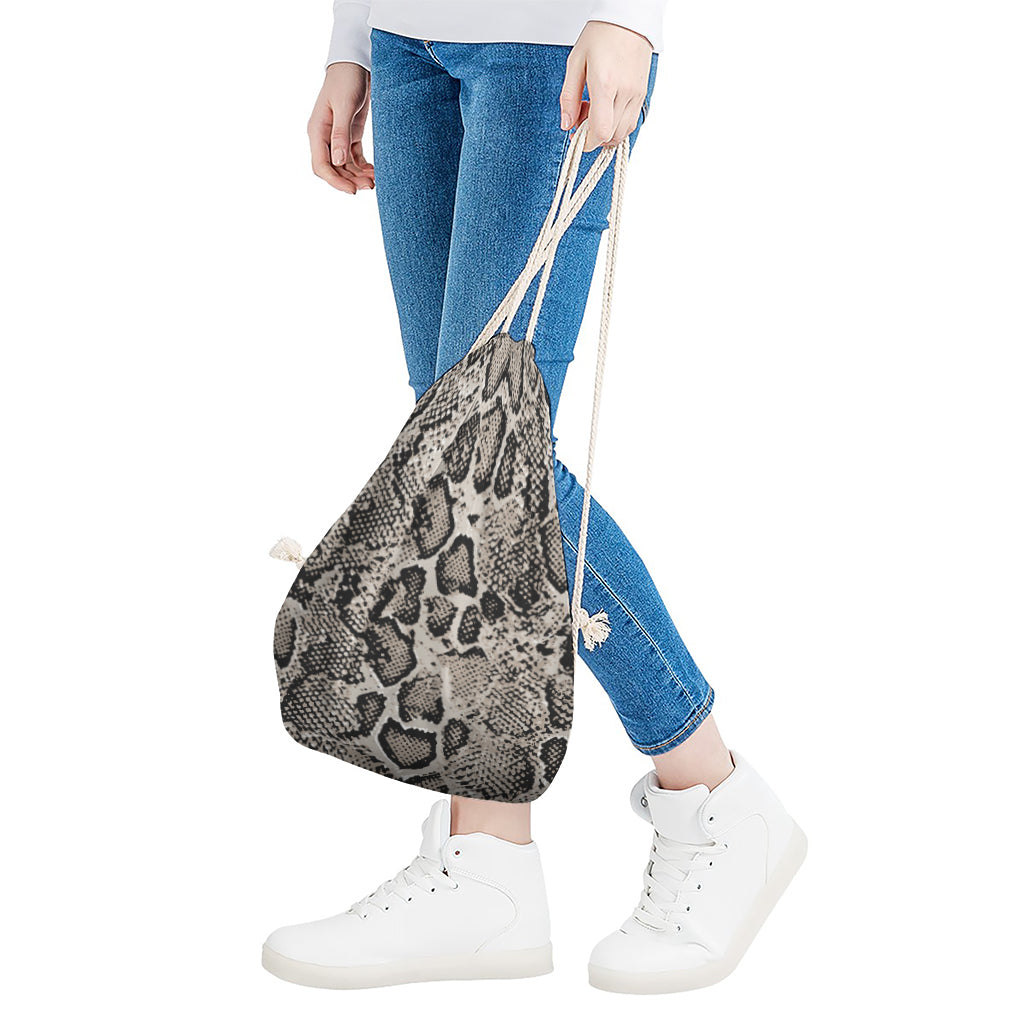 Tan And Black Snakeskin Print Drawstring Bag