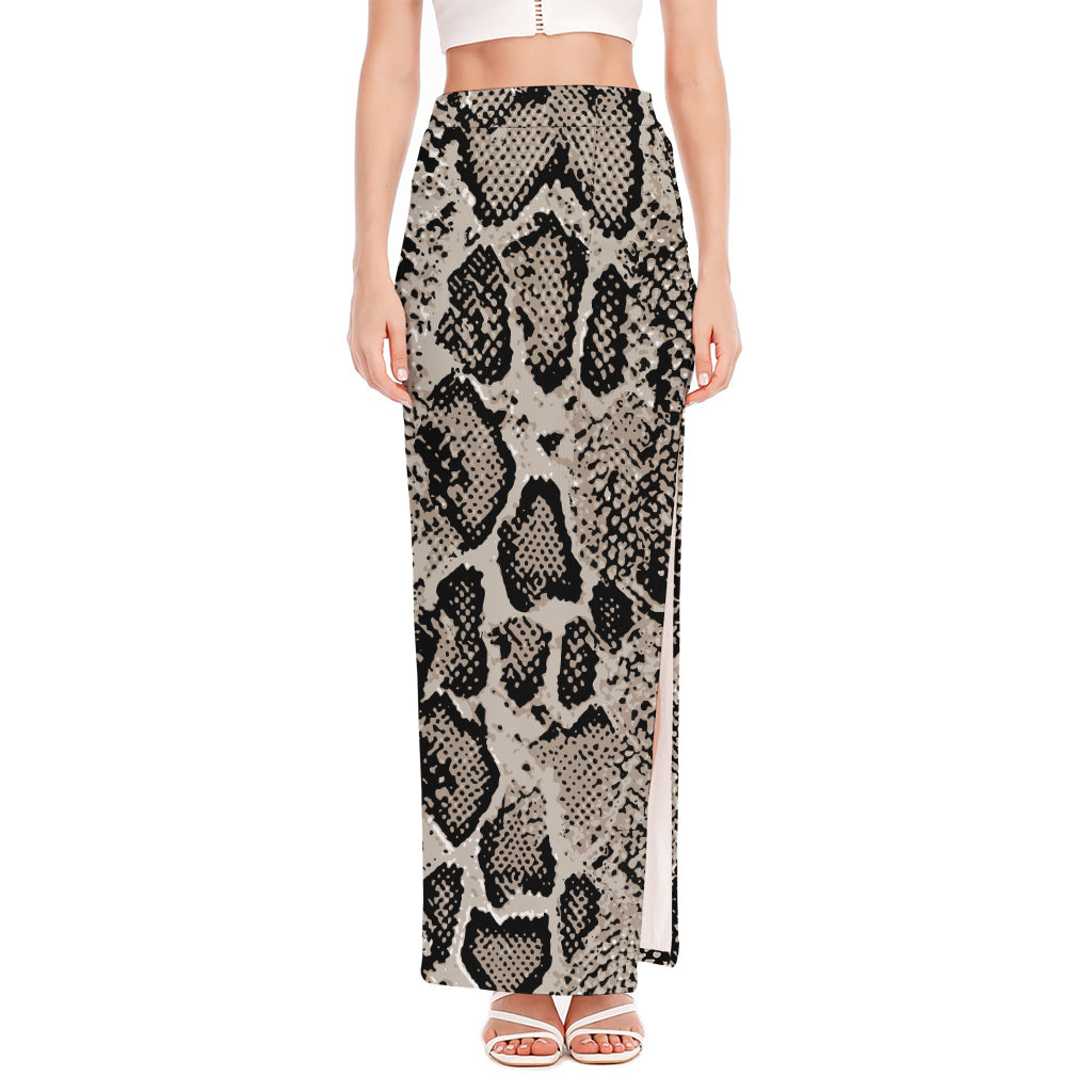 Tan And Black Snakeskin Print High Slit Maxi Skirt