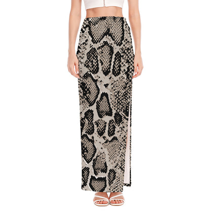Tan And Black Snakeskin Print High Slit Maxi Skirt