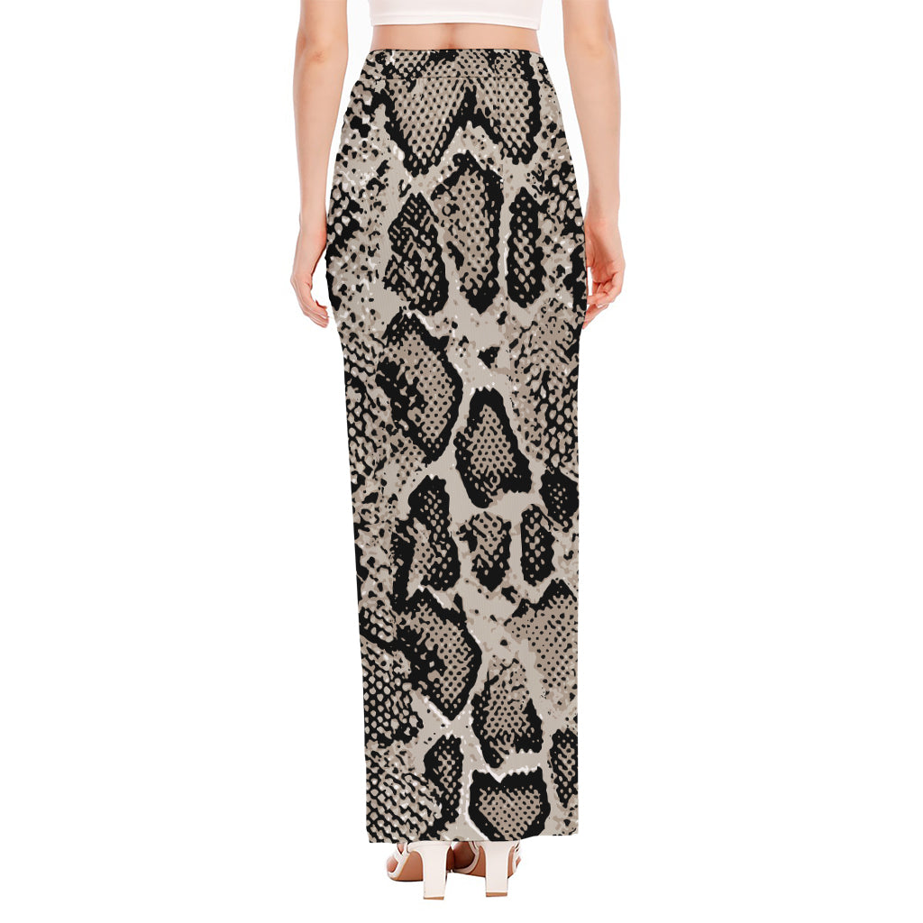 Tan And Black Snakeskin Print High Slit Maxi Skirt