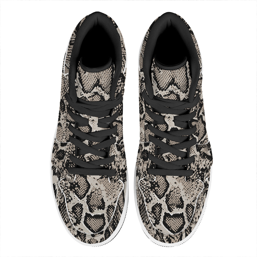 Tan And Black Snakeskin Print High Top Leather Sneakers