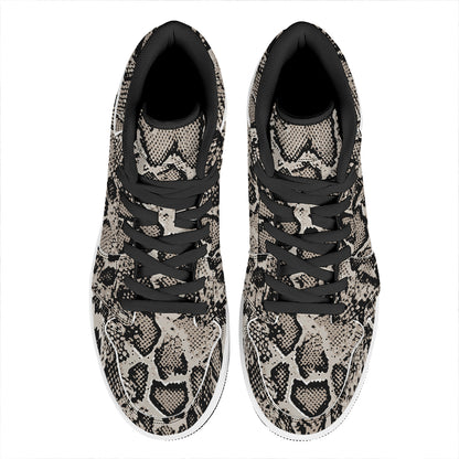 Tan And Black Snakeskin Print High Top Leather Sneakers