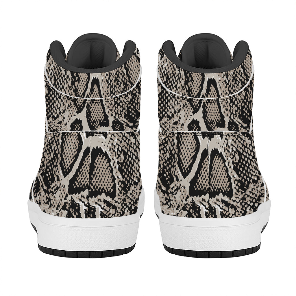 Tan And Black Snakeskin Print High Top Leather Sneakers