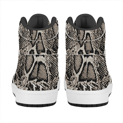 Tan And Black Snakeskin Print High Top Leather Sneakers