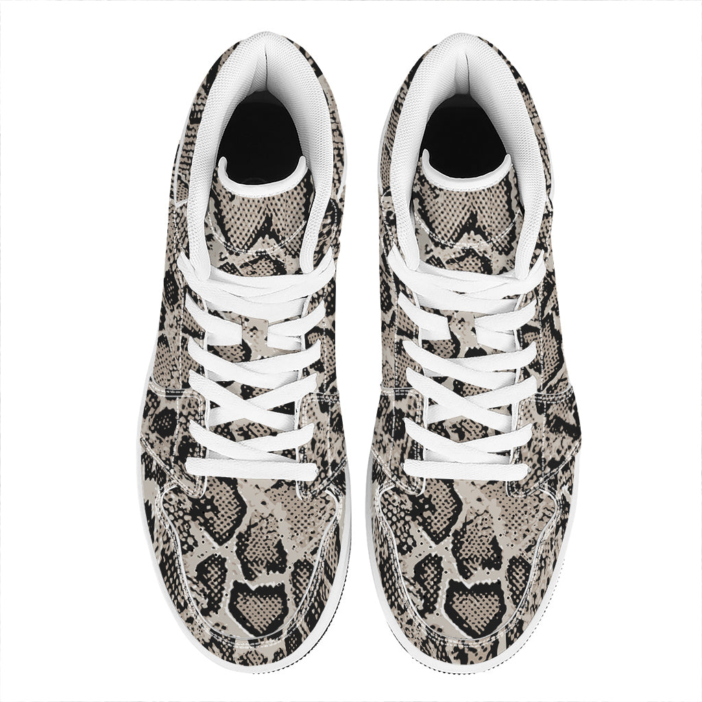 Tan And Black Snakeskin Print High Top Leather Sneakers
