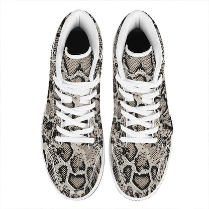 Tan And Black Snakeskin Print High Top Leather Sneakers