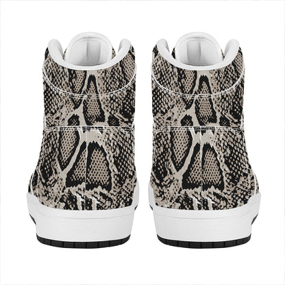 Tan And Black Snakeskin Print High Top Leather Sneakers