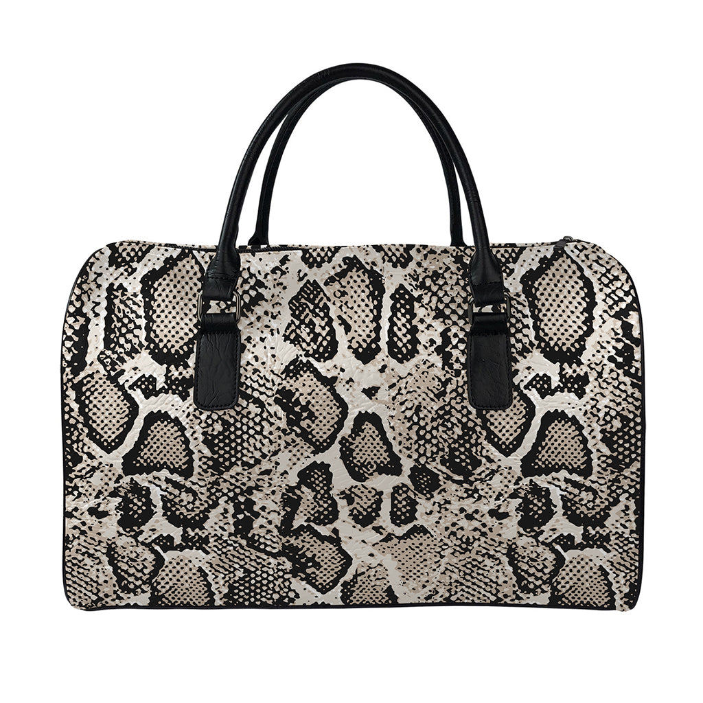 Tan And Black Snakeskin Print Leather Duffle Bag
