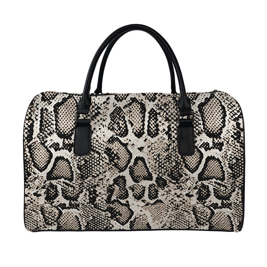 Tan And Black Snakeskin Print Leather Duffle Bag
