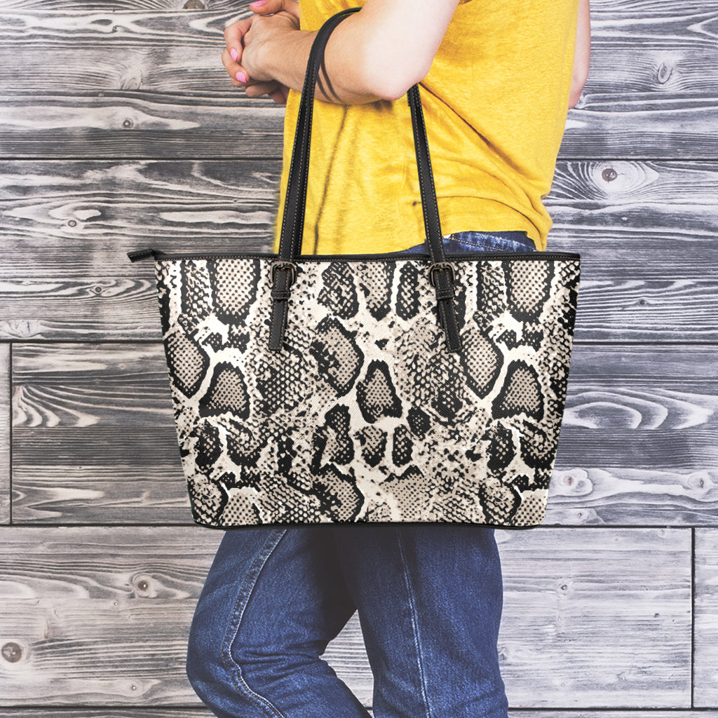 Tan And Black Snakeskin Print Leather Tote Bag