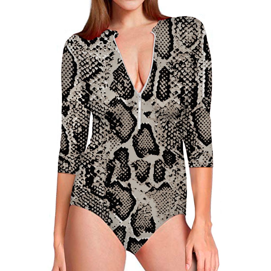 Tan And Black Snakeskin Print Long Sleeve Swimsuit
