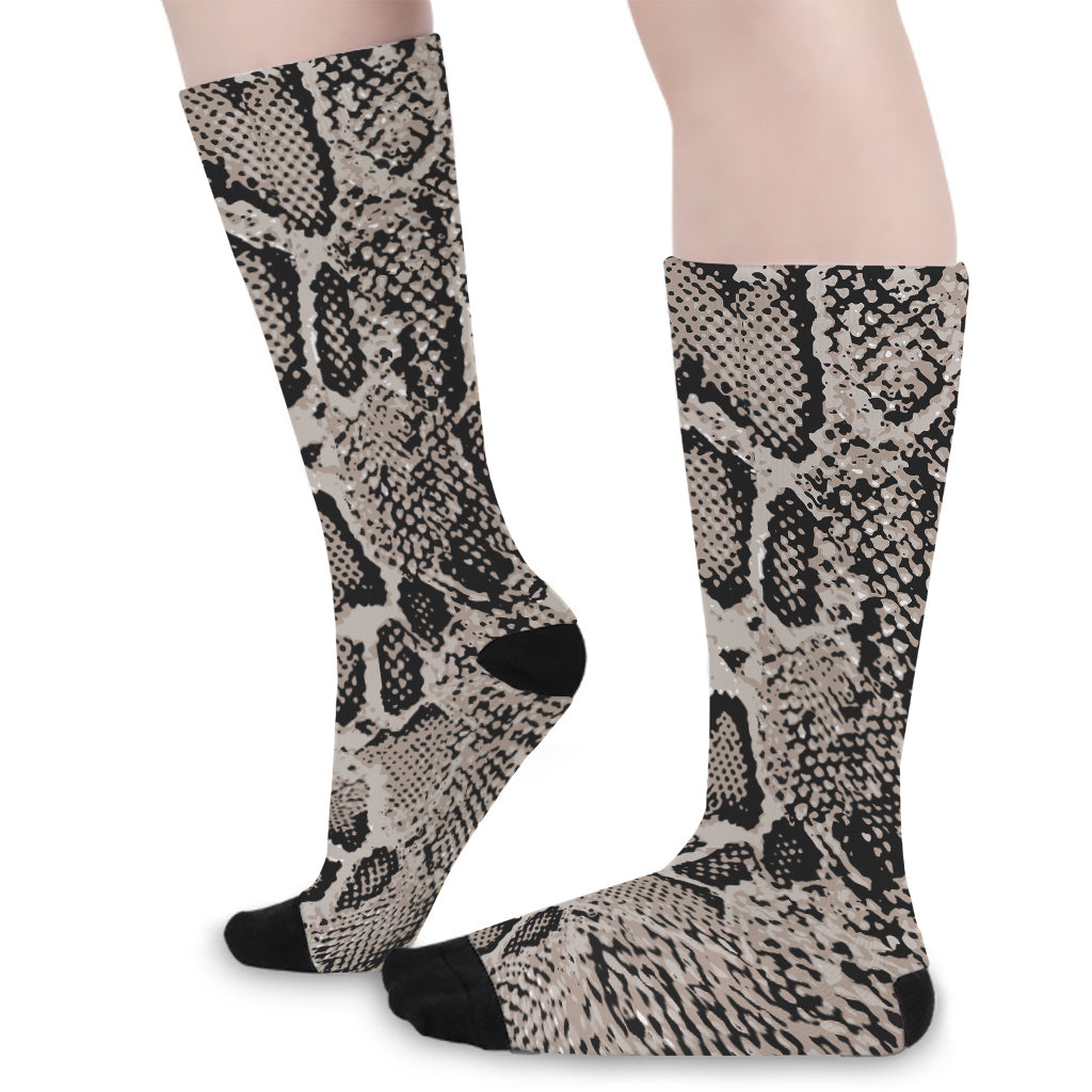 Tan And Black Snakeskin Print Long Socks