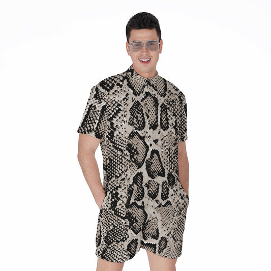 Tan And Black Snakeskin Print Men's Rompers