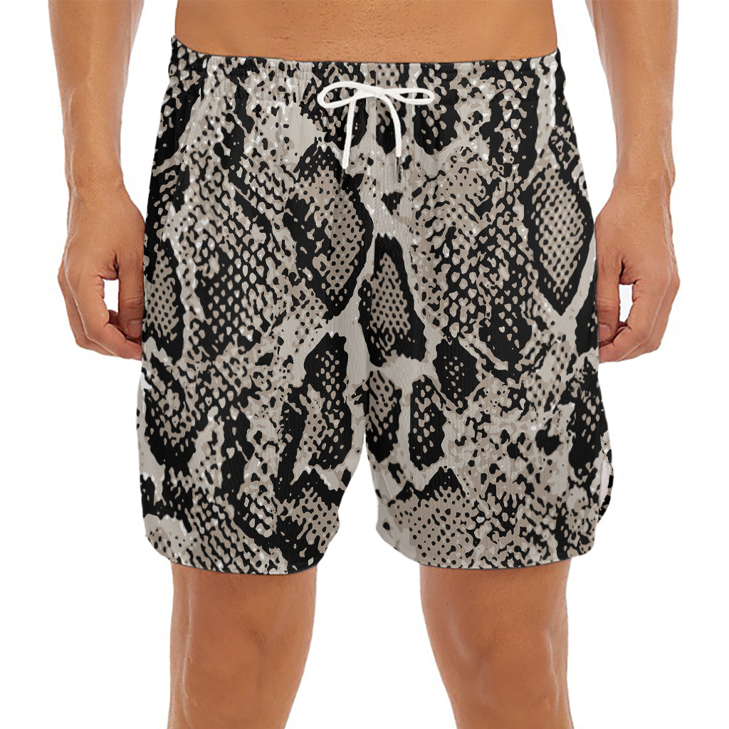 Tan And Black Snakeskin Print Men's Split Running Shorts