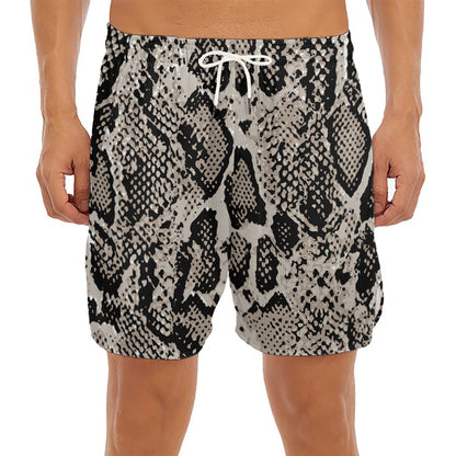 Tan And Black Snakeskin Print Men's Split Running Shorts
