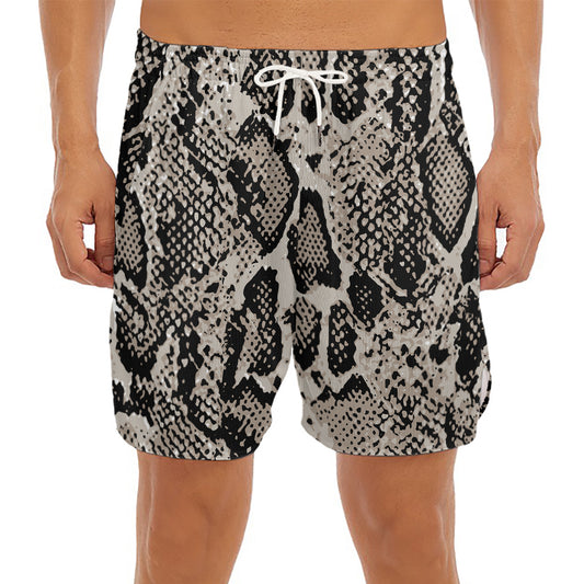 Tan And Black Snakeskin Print Men's Split Running Shorts