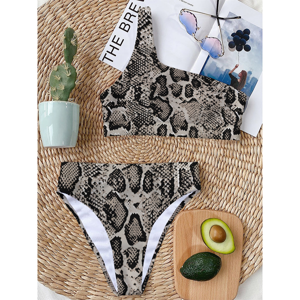 Tan And Black Snakeskin Print One Shoulder Bikini Top