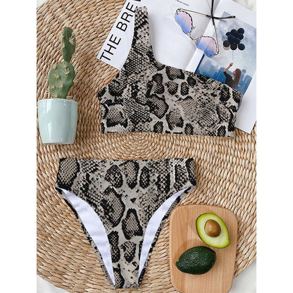 Tan And Black Snakeskin Print One Shoulder Bikini Top