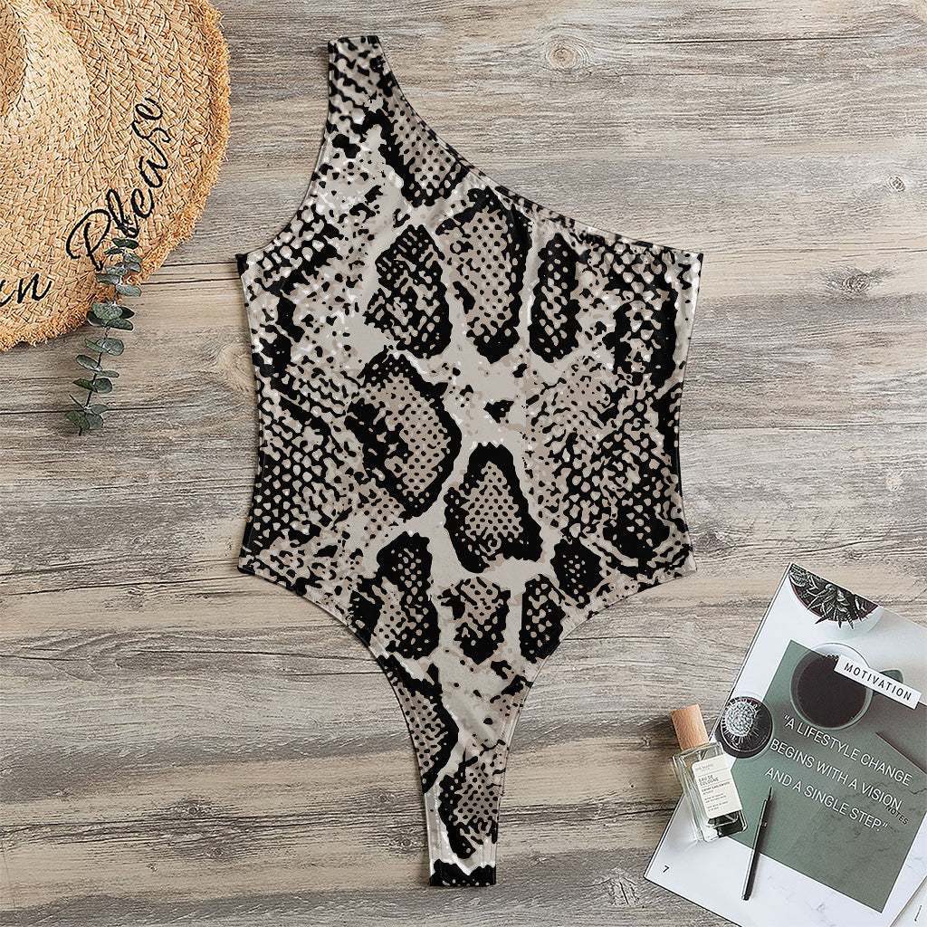 Tan And Black Snakeskin Print One Shoulder Bodysuit