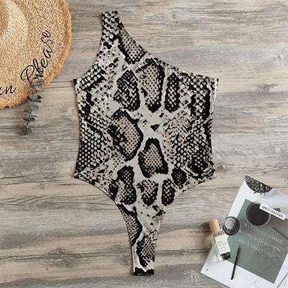 Tan And Black Snakeskin Print One Shoulder Bodysuit
