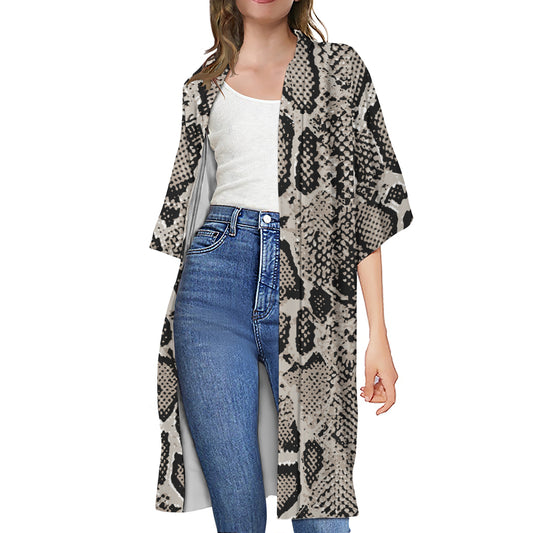 Tan And Black Snakeskin Print Open Front Beach Cover Up