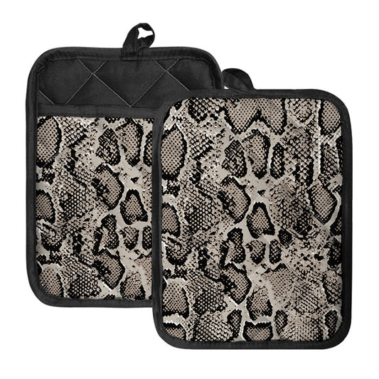 Tan And Black Snakeskin Print Pot Holders With Pocket