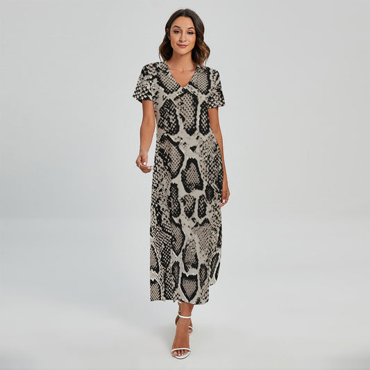 Tan And Black Snakeskin Print Short Sleeve Maxi Dress