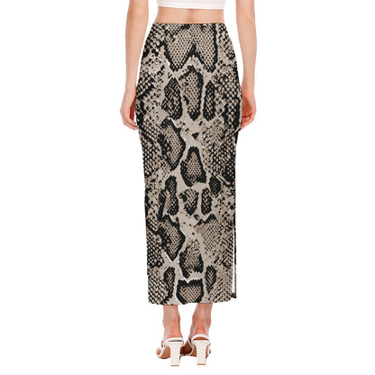 Tan And Black Snakeskin Print Side Slit Maxi Skirt